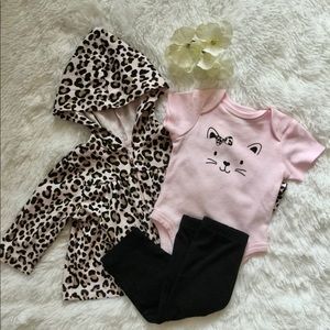 Little Me leopard print hoodie, pants and onesie